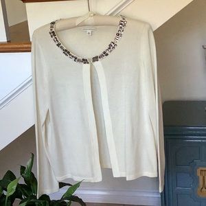 Dressy jeweled collar open-front ivory sweater